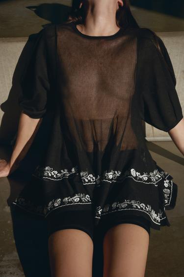 BLOUSE LONGUE EN MAILLE FINE BRODÉE - Noir de Zara - Image 2
