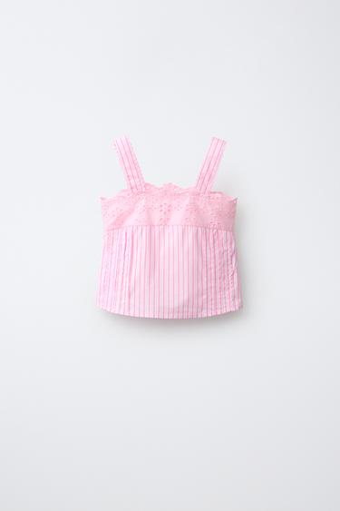 STRIPED SCHIFFLI EMBROIDERY TOP - Neon pink by Zara