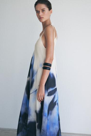 ЩАМПОВАНА РОКЛЯ ОТ 100% РАМИ ZW COLLECTION - Екрю / Син от Zara