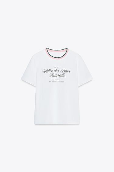 CHUNKY KNIT COLLAR SLOGAN T-SHIRT - White by Zara