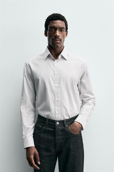 قميص هيكلي سهل العناية - Brown Stripes الخاص بـ Zara