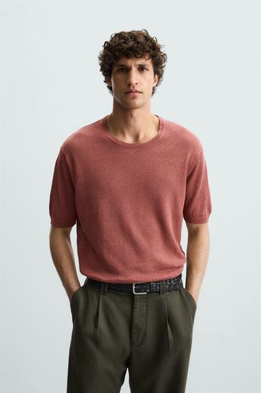100% LINEN KNIT T-SHIRT - Mid-red by Zara