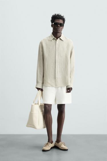 100% HEMP CONTRAST SHIRT - Grey / Natural by Zara - Image 0