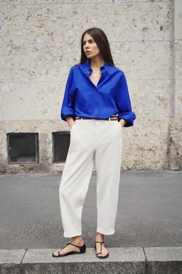 PANTALON CHINO AVEC CEINTURE TRESSÉE - Écru de Zara