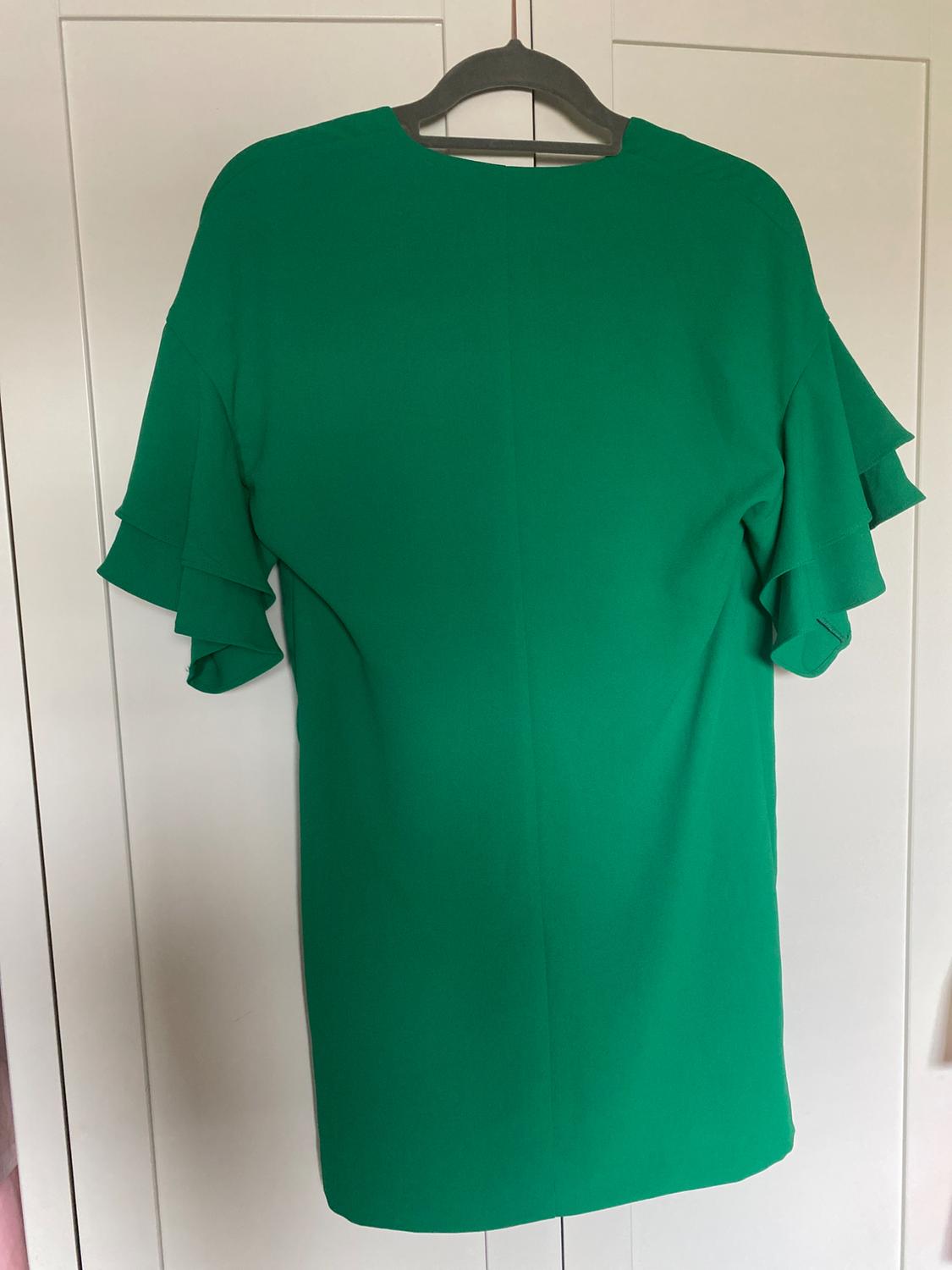 Green dress with ruffled sleeves hanging on a black hanger in front of a white wardrobe.