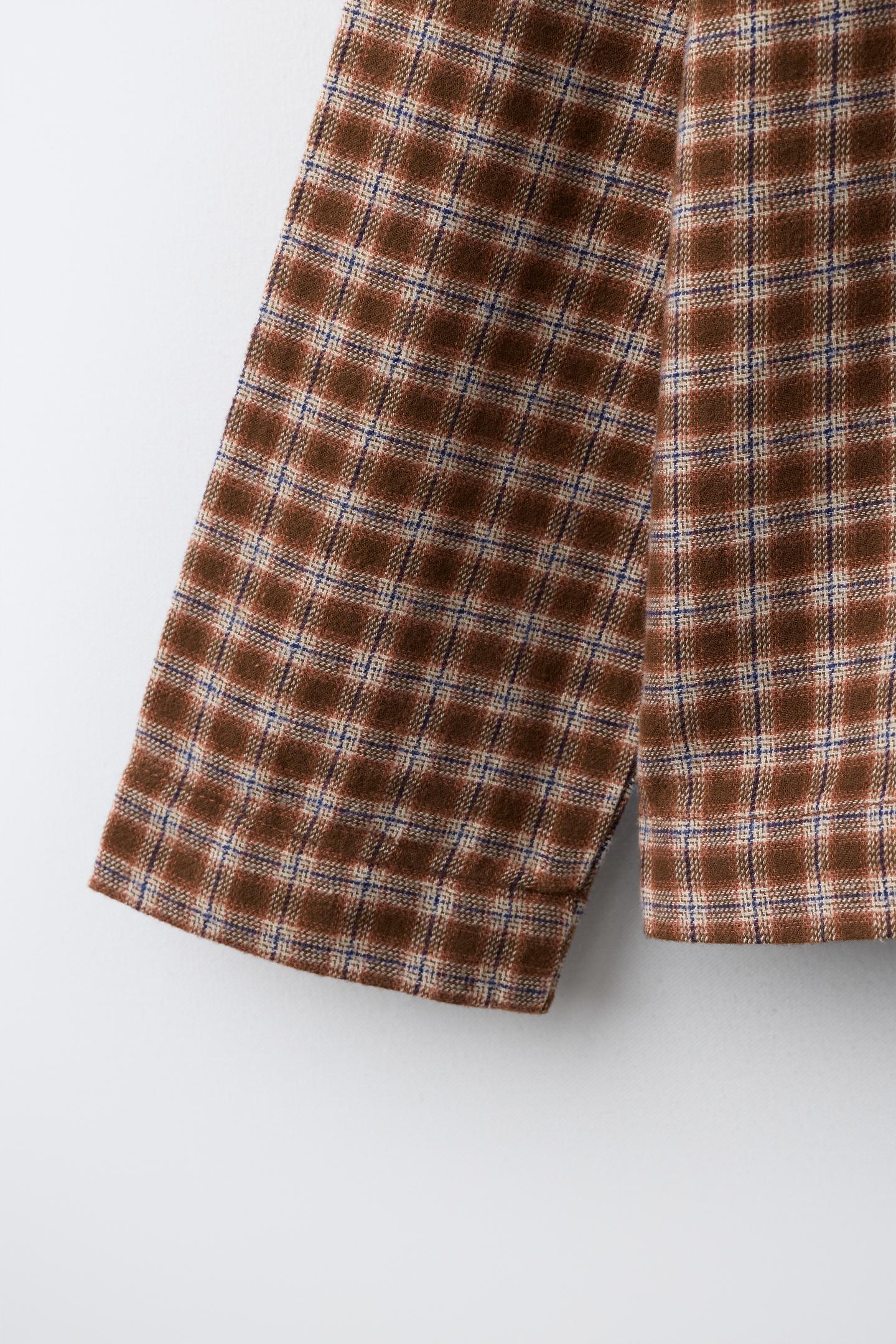 Детская рубашка Zara Plaid with Embroidered Text Pocket, цвет: Коричневый — фото 5