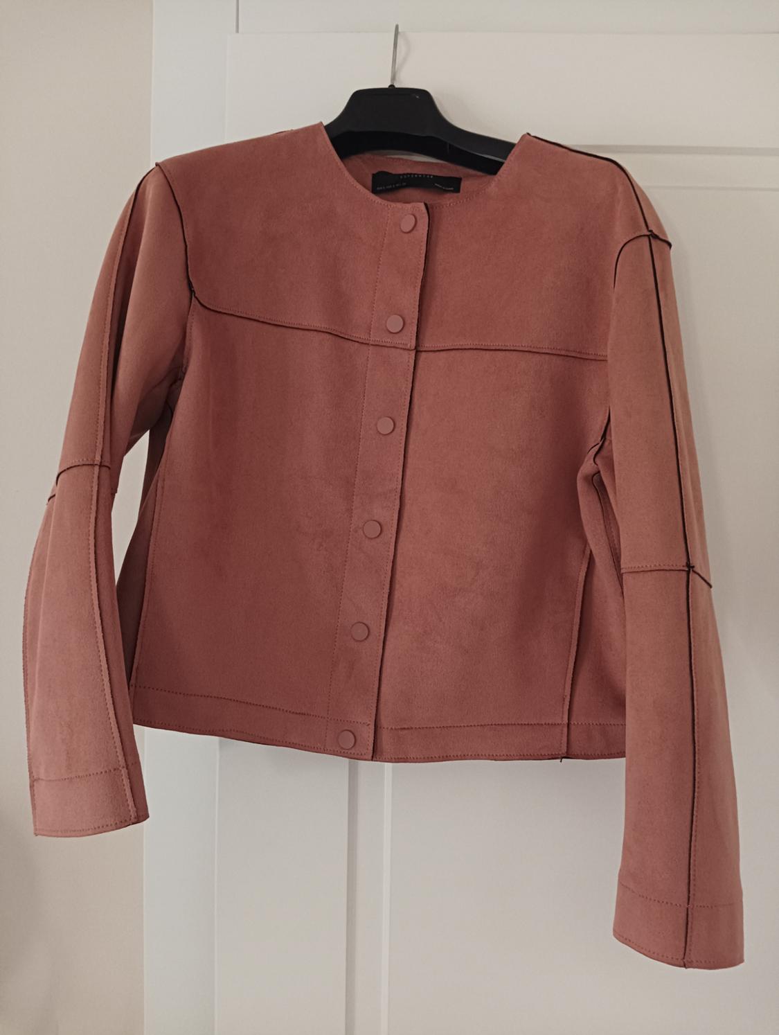 Pink suede jacket hanging on a black hanger over a white door. Minimalist design with front buttons.