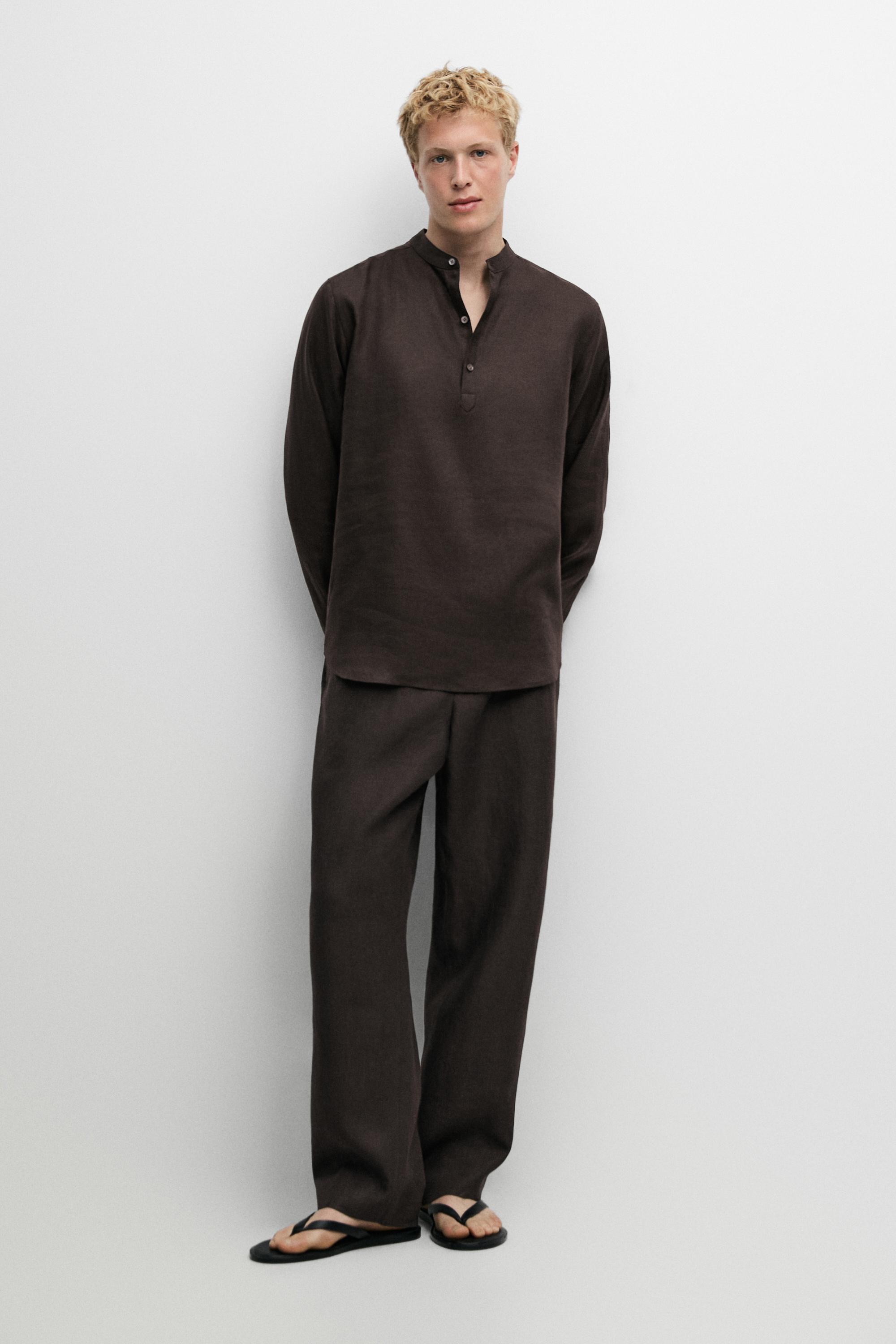100% linen houndstooth pants — Dark brown