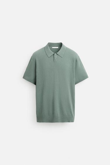 Zara RIB KNIT POLO SHIRT - Blue green