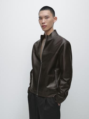 Zara Distressed effect nappa leather jacket - Dark brown