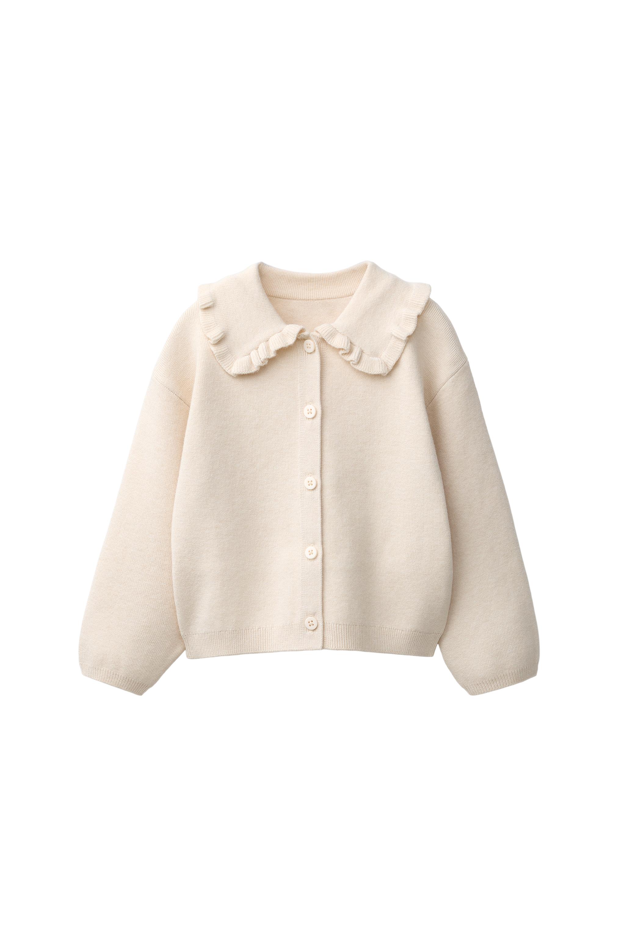 RUFFLED PETER PAN COLLAR CARDIGAN — Sand / Marl