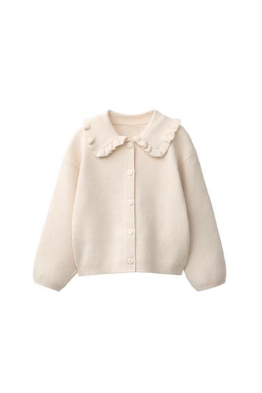 Zara 荷葉邊彼得潘領針織開襟衫 - 沙色 / 斑紋