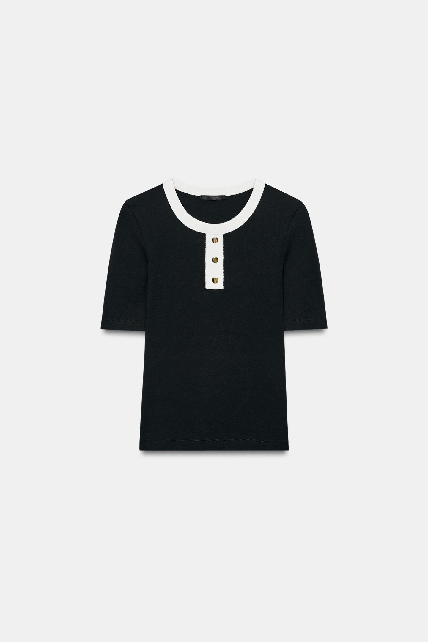 Женская футболка Zara Contrast Button, цвет: Чёрный — фото 6
