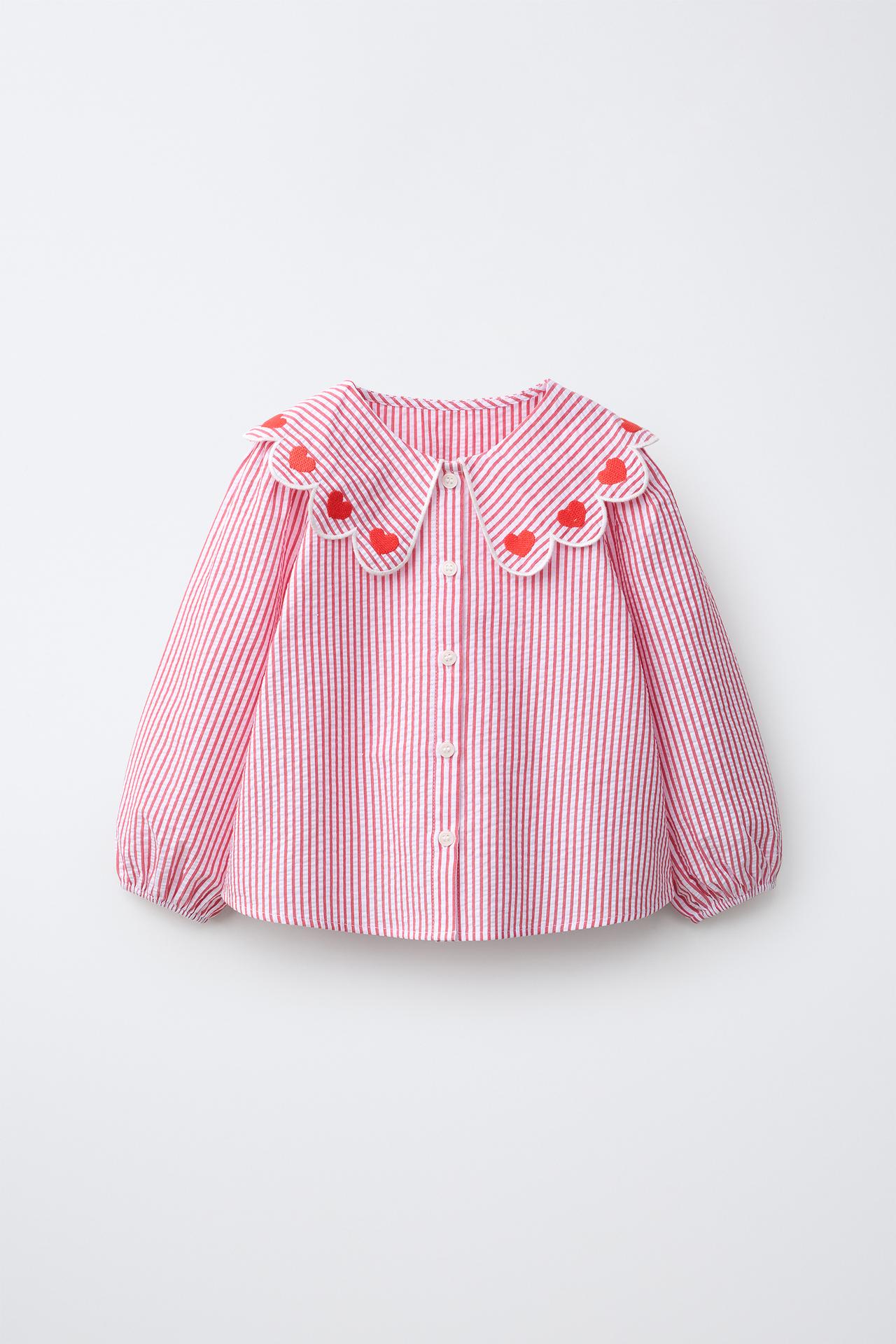 HEART AND STRIPE PETER PAN COLLAR SHIRT — Red