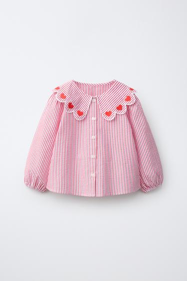 STRIPED HEART PETER PAN COLLAR SHIRT - Red by Zara