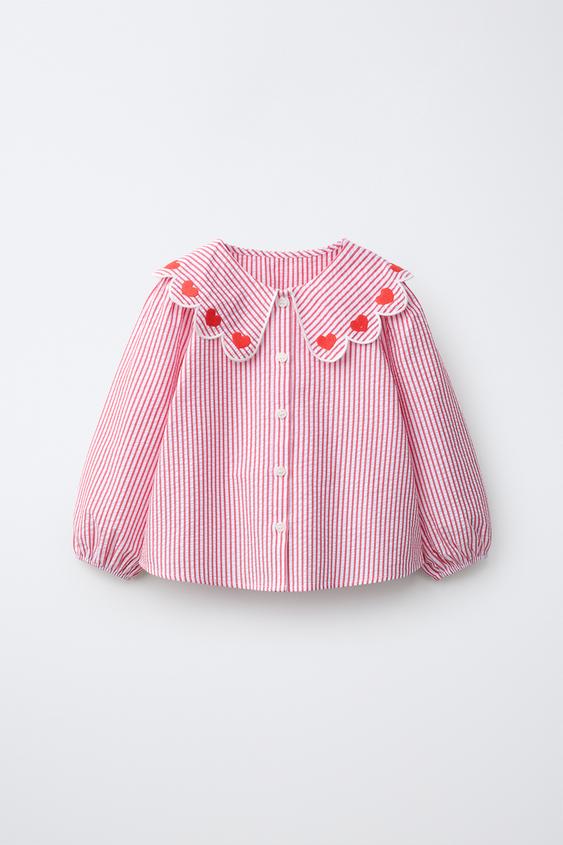 CAMISA CUELLO BOBO CORAZONES Y RAYAS - Rojo de Zara - Imagen 0