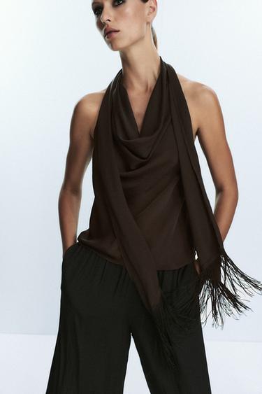 SATIN TOP WITH FRINGING - Brown by Zara