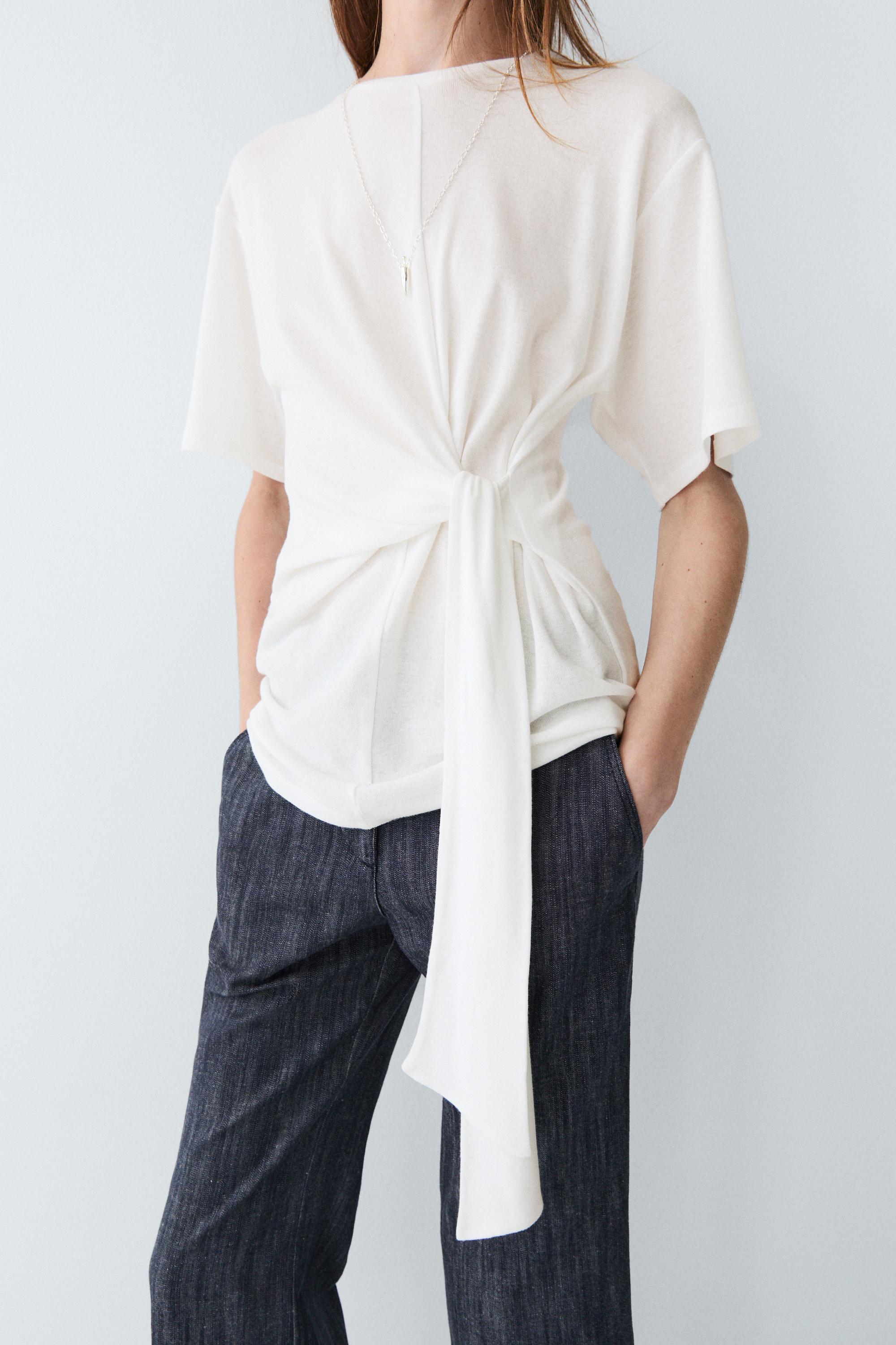 Short sleeve T-shirt with tie detail — Oyster-white