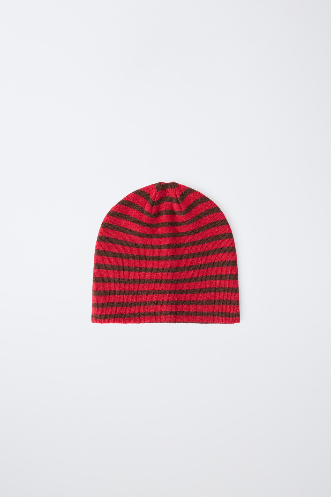 STRIPED KNIT BEANIE — Red