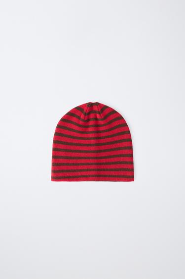 STRIPED KNIT BEANIE — Red 1