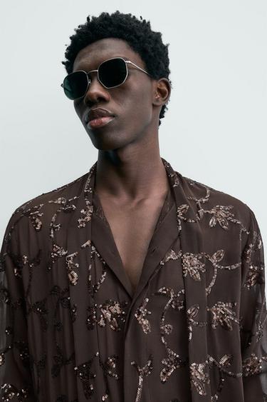 CHEMISE SEMI-TRANSPARENTE À PAILLETTES - Marron de Zara - Image 5