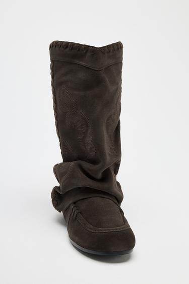 SPLIT SUEDE FLAT ANKLE BOOTS WITH EMBROIDERY - Brown by Zara - Image 5