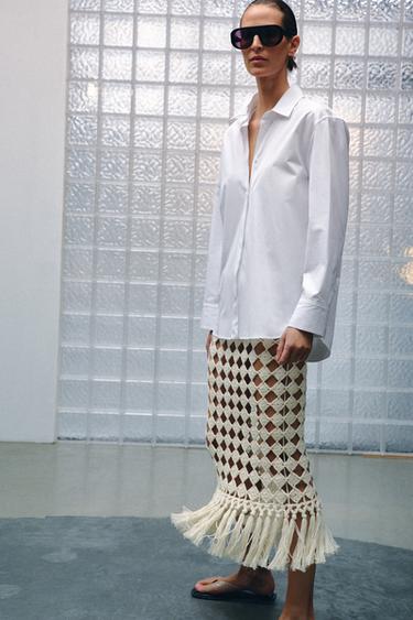 FRINGED CROCHET KNIT SKIRT - Sand by Zara