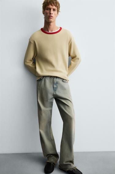 CONTRAST CHECKERED WAFFLE-KNIT T-SHIRT - camel by Zara - Image 5