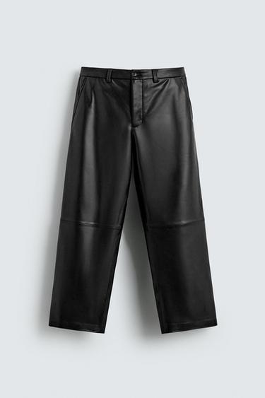 Zara FAUX LEATHER RELAXED FIT PANTS - Black
