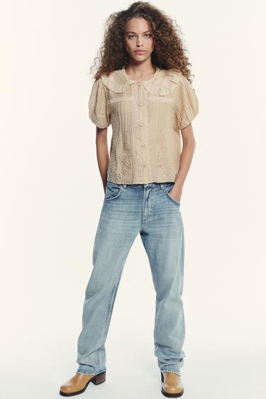 CHEMISE COL CLAUDINE BRODERIES - Beige de Zara