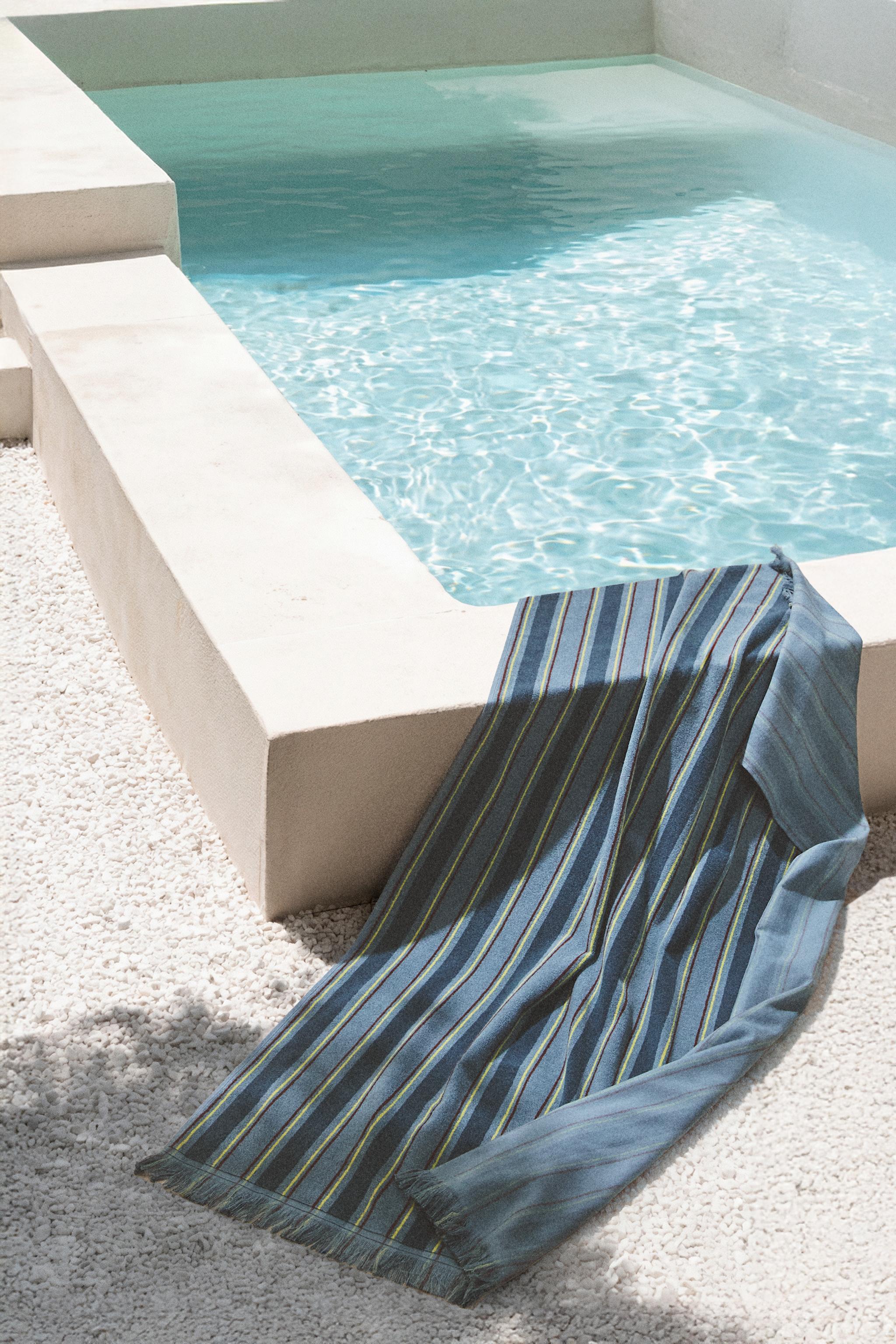 KIDS' STRIPED COTTON BEACH TOWEL — Blue