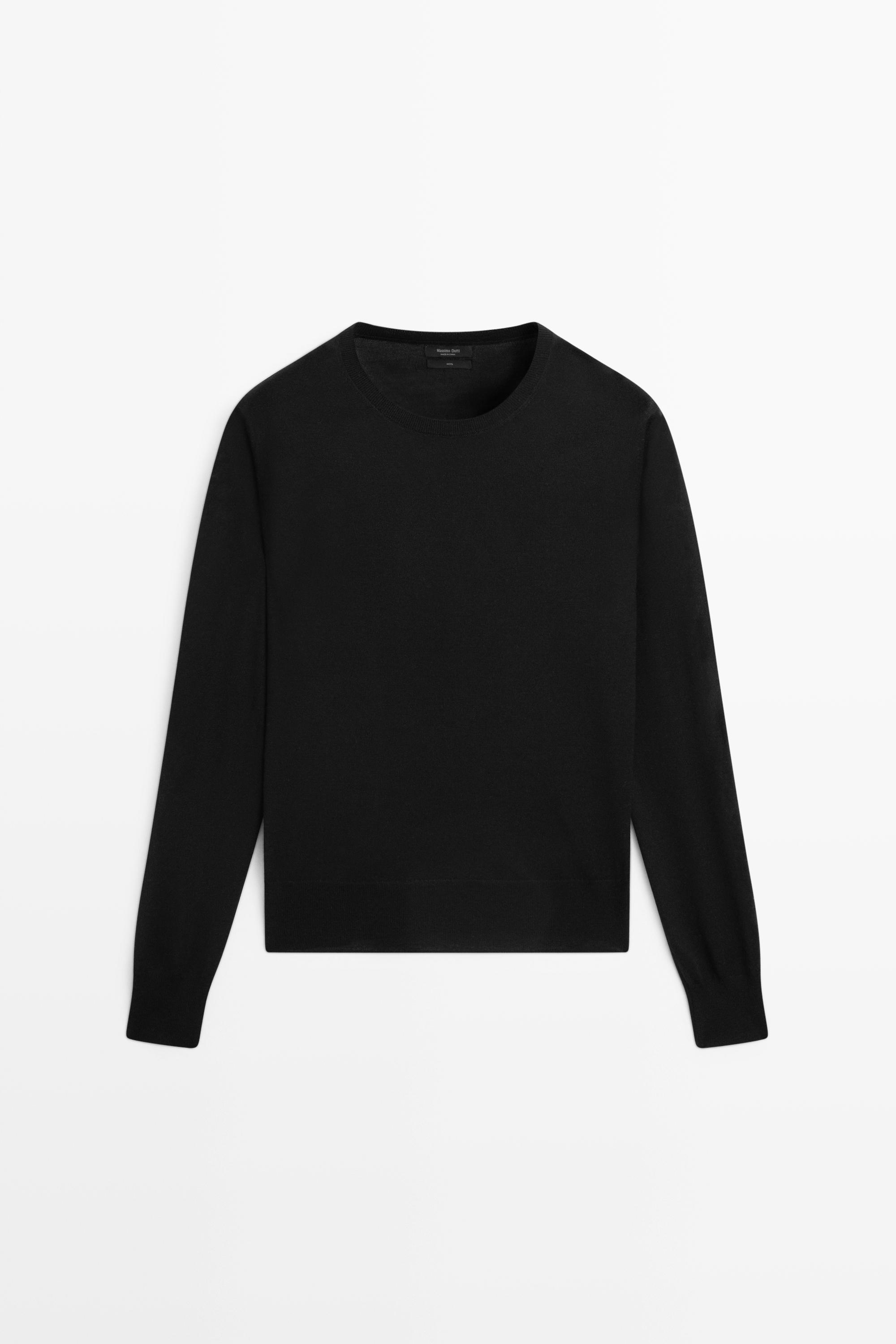 100% wool knit round neck sweater — Black