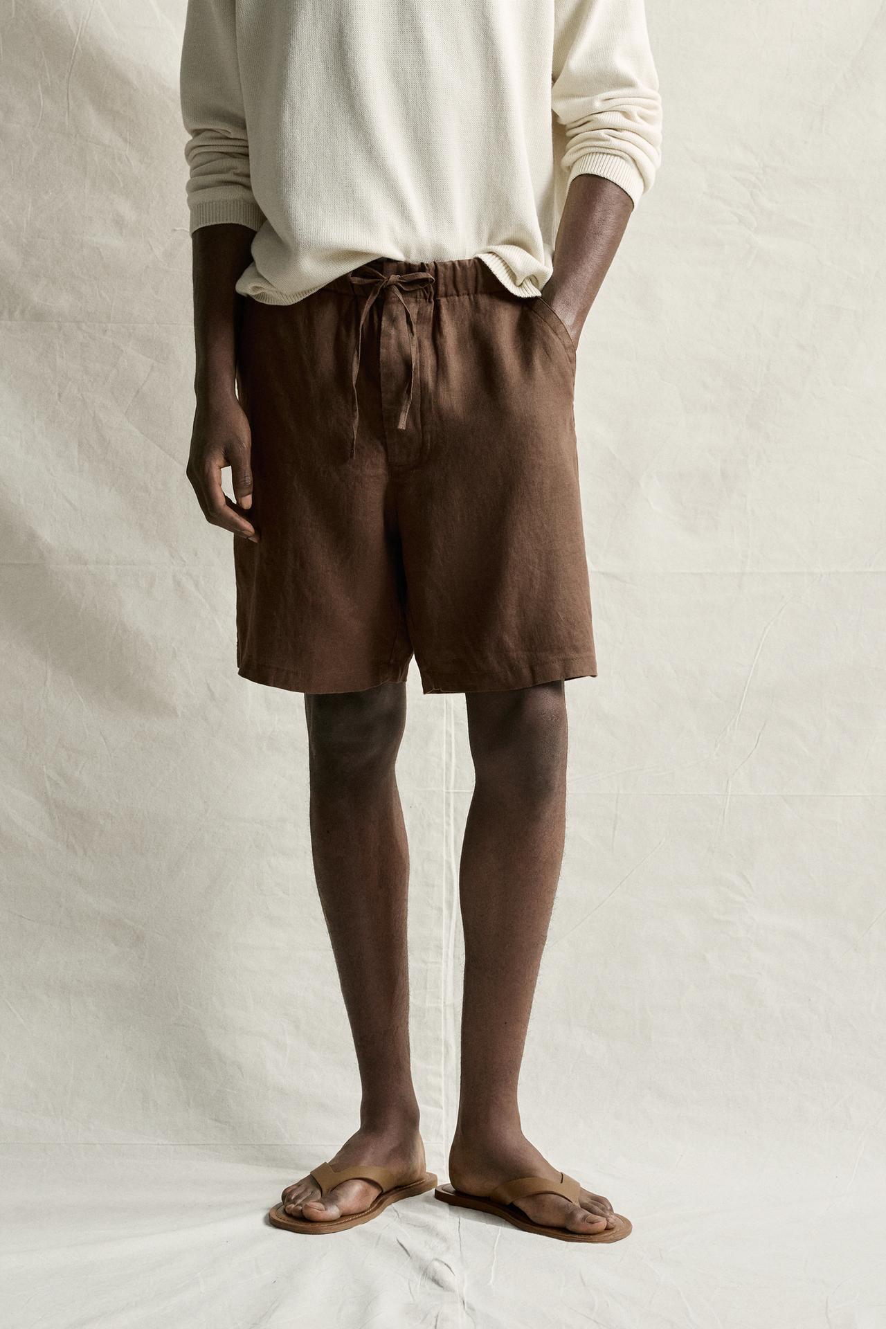 100% LINEN RELAXED FIT SHORTS — Brown