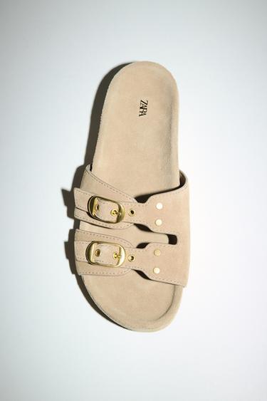 სანდალი გაყოფილი ტყავი ბალთებით - Zara-ს Beige