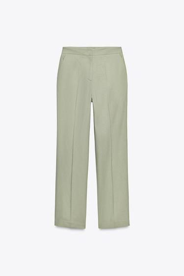 Zara STRAIGHT LEG LINEN PANTS - Light khaki