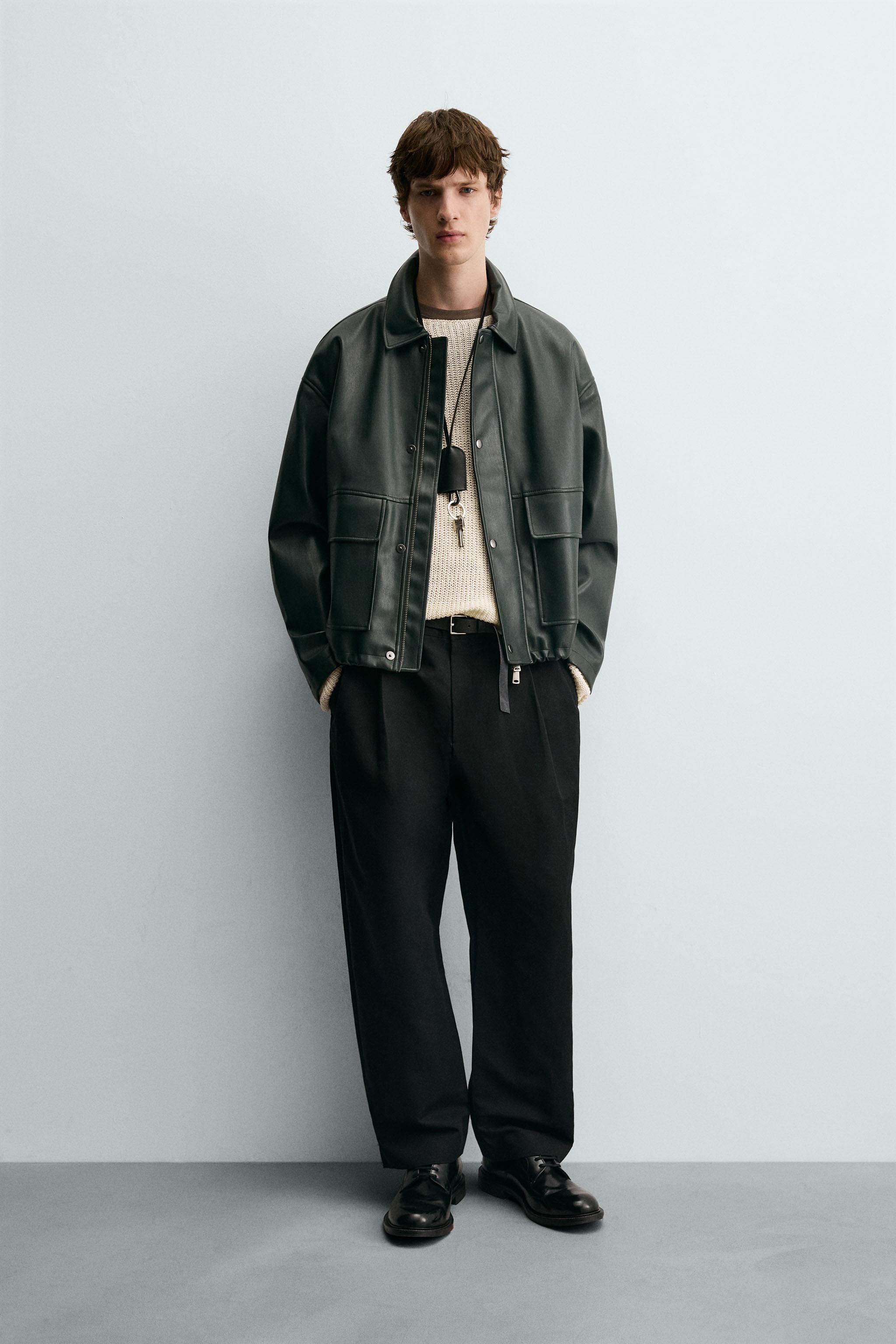 ZARA ダークグリーン クロップドレザージャケット ポケット付きフェイクレザージャケット - ダークグリーン | ZARA