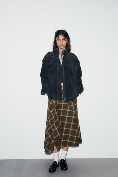 Zara PLAID RUFFLED MIDI SKIRT - Khaki