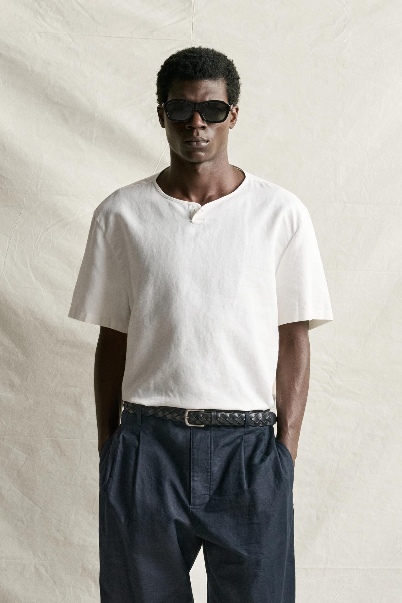 HEMP AND COTTON HENLEY SHIRT — Oyster-white