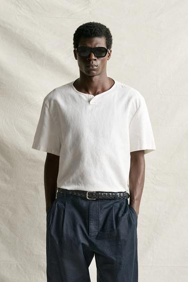 HEMP AND COTTON HENLEY SHIRT — Oyster-white 2