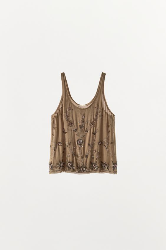 FLORAL EMBROIDERED TOP - Brown / Taupe by Zara - Image 0