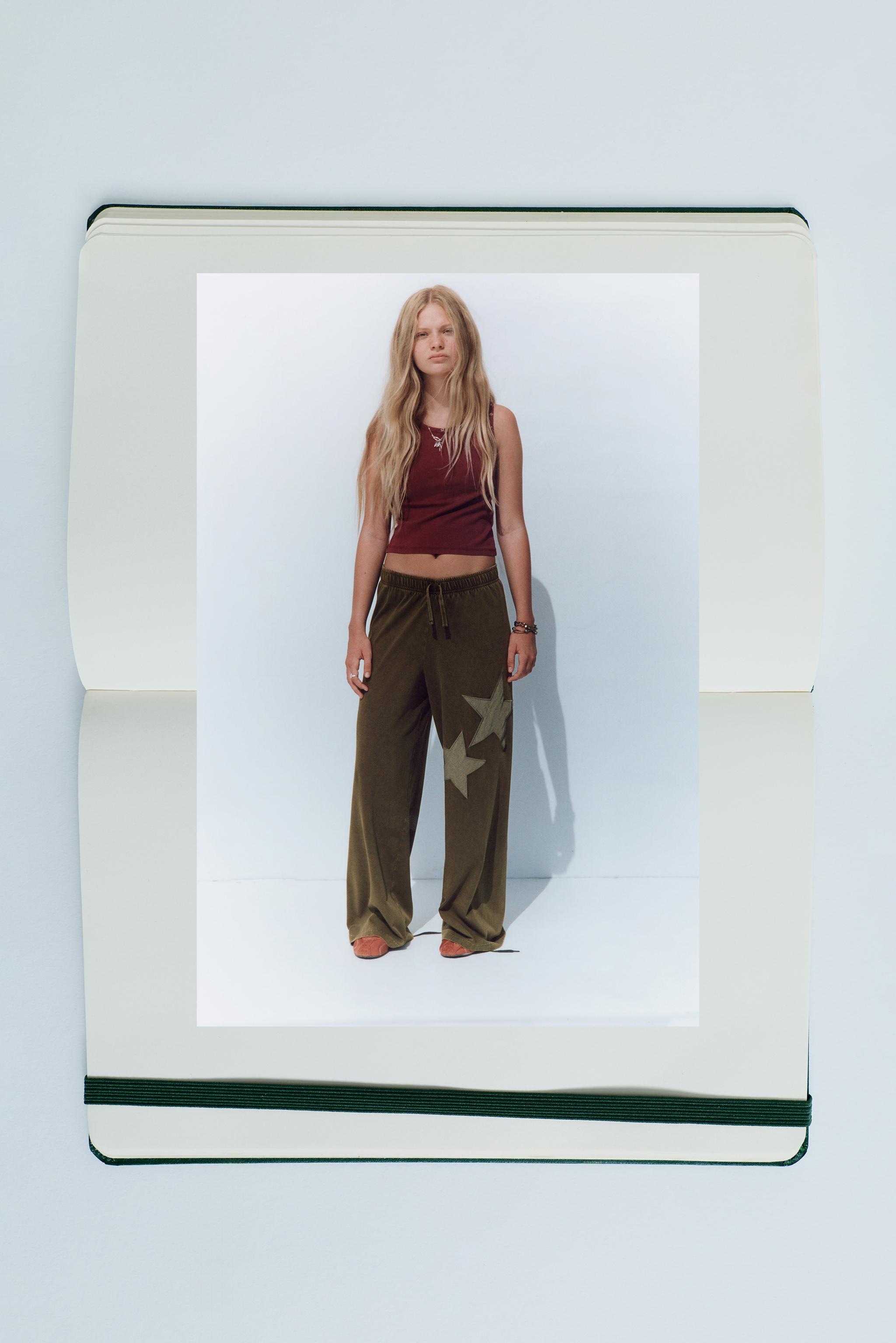 WASHED EFFECT STAR WIDE LEG PANTS — Khaki