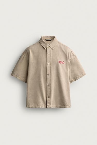 Zara CONTRAST TEXT RELAXED FIT SHIRT - taupe brown