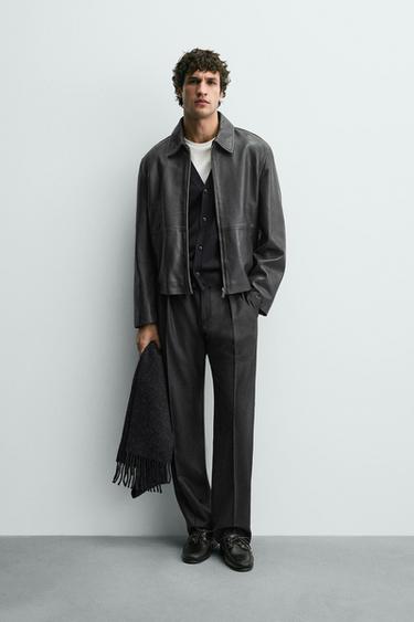 CAZADORA PEL CROPPED FIT - Gris toupa de Zara - Imaxe 0