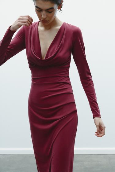 DRAPED NECKLINE MIDI DRESS - Red by Zara