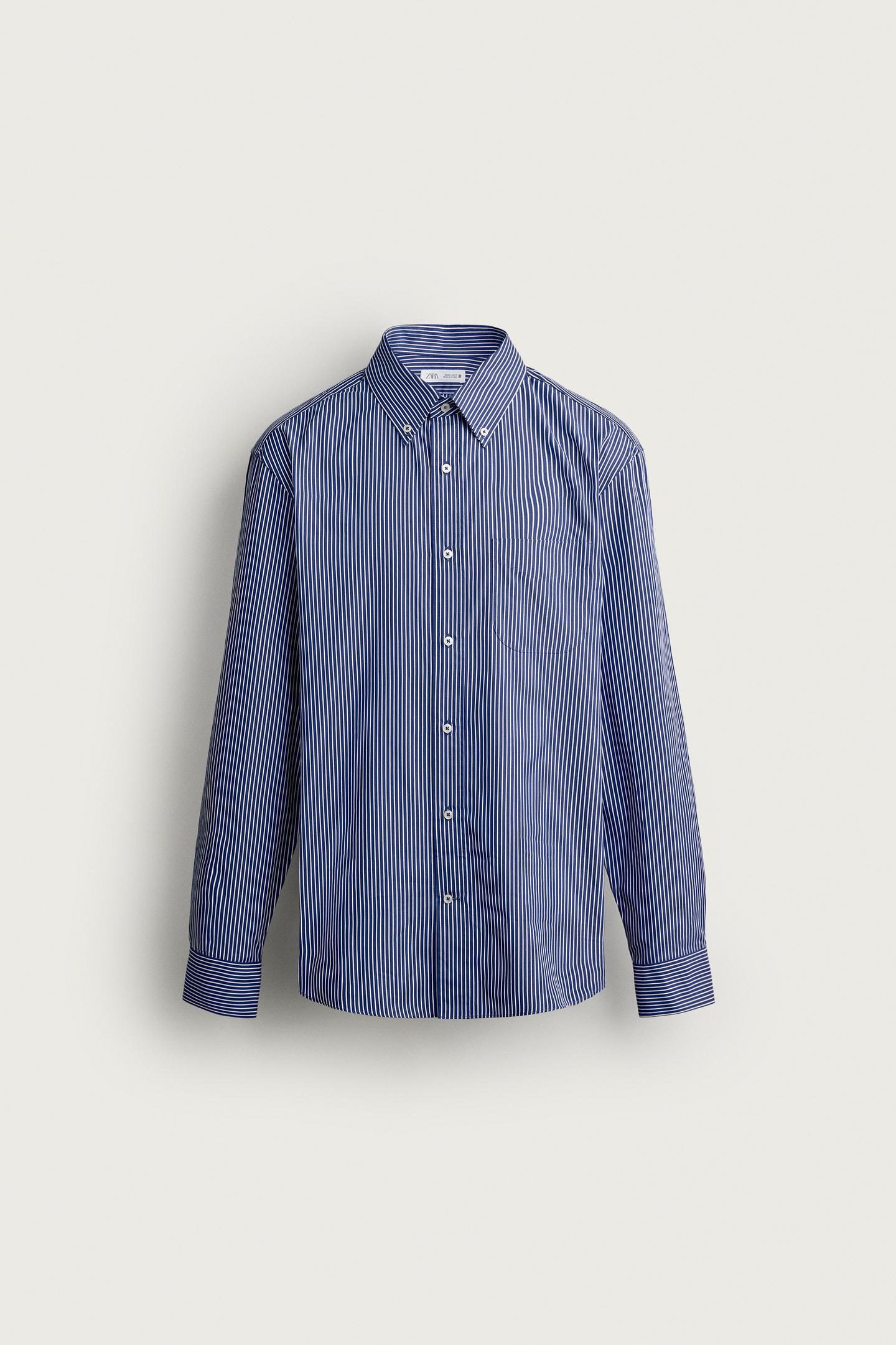 Мужская рубашка Zara Striped Regular Fit, цвет: Синий / Белый — фото 6