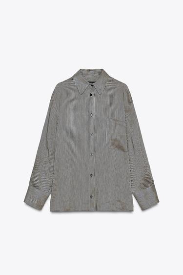 STRIPED LINEN-BLEND SHIRT ZW COLLECTION - Ecru / Blue by Zara
