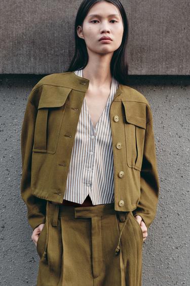 Zara ZW COLLECTION 亞麻混紡飛行員外套 - 橄欖綠