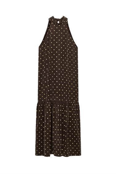 Zara Kahverengi / Ekru - ZW COLLECTION PUANTİYE DESENLİ HALTER ELBİSE