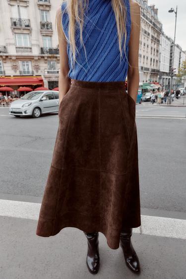 JUPE CAPE 100% CUIR DE DAIM - Marron foncé de Zara - Image 5