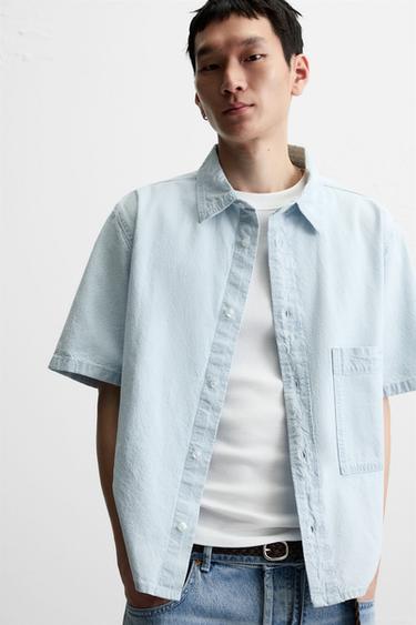 CHEMISE DÉLAVÉE À POCHE - Bleu clair de Zara - Image 4